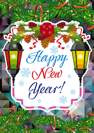 vector winter holiday card with vintage lanterns pine branches and artistic written text happy new year design element for greeting cards and other - Artistic Holiday Cards vector winter holiday card with vintage lanterns pine branches and artistic written text happy new year design element for greeting cards and other - Artistic Holiday Cards