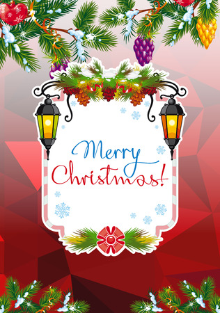 vector winter holiday card with vintage lanterns pine branches and artistic written text merry christmas design element for greeting cards and other - Artistic Holiday Cards vector winter holiday card with vintage lanterns pine branches and artistic written text merry christmas design element for greeting cards and other - Artistic Holiday Cards