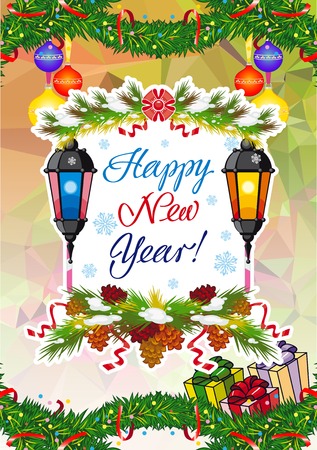 vector winter holiday card with vintage lanterns pine branches and artistic written text happy new year design element for greeting cards and other - Artistic Holiday Cards vector winter holiday card with vintage lanterns pine branches and artistic written text happy new year design element for greeting cards and other - Artistic Holiday Cards