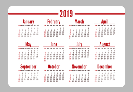 Horizontal Red Pocket Calendar On 2019 Year. Simple Vector Horizontal Red Pocket Calendar On 2019 Year. Simple Vector