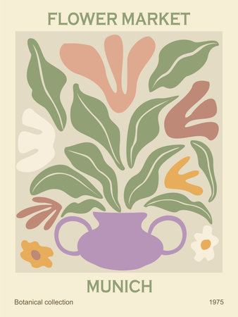 Abstract poster - flower market munich. trendy botanical wall art with floral design in danish pastel colors. modern naive hippie groovy funky interior decoration, painting. vector Banco de Imagens