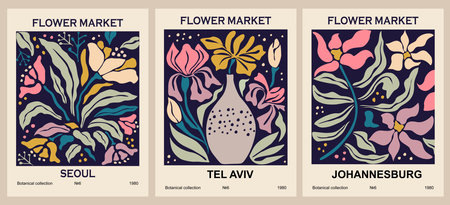 Set of abstract flower posters. trendy botanical wall arts with floral design in bright colors on dark background. modern naive groovy funky interior decorations, paintings. vector