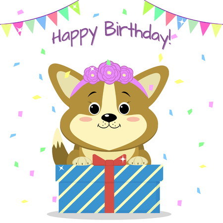 Puppy corgi with a rim of roses sits and holds a box with a gift on the background of confetti and flags. happy birthday.