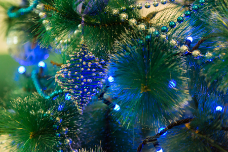 decorated christmas tree with blue lights white christmas ball and garland stock photo - Christmas Tree With Blue Lights decorated christmas tree with blue lights white christmas ball and garland stock photo - Christmas Tree With Blue Lights