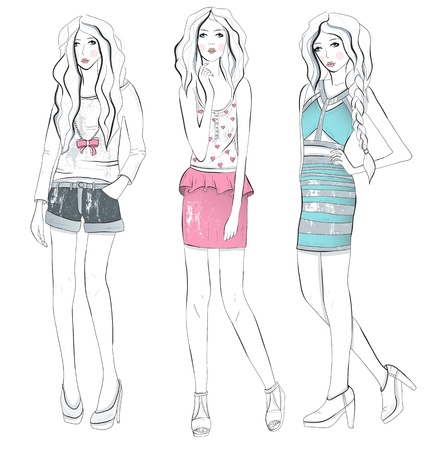 美しい若い女の子のファッションのイラスト ベクトル イラスト 10 代の流行の服で女性の背景 のイラスト素材 ベクタ Image