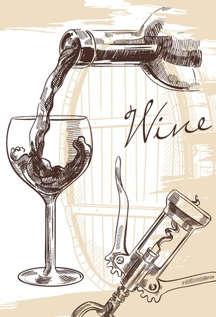 手で樽を背景にガラスとコルク抜きでワインの瓶のイメージを描画 の