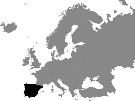 Detailed black flat political map of iberian peninsula on grey background of european continent