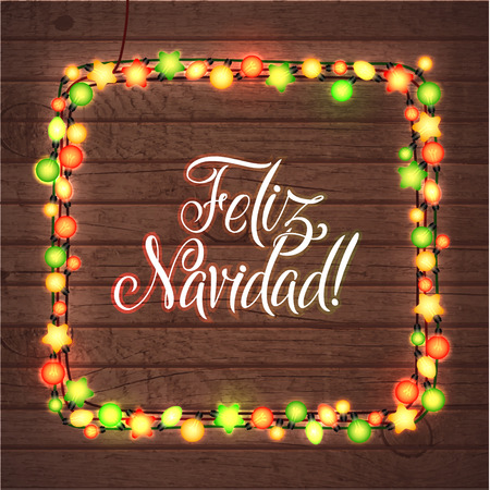 新年あけましておめでとうございますスペイン語のポスター 輝くクリスマス ライト リース クリスマスの休日のグリーティング カードのデザイン 木製手描き背景 のイラスト素材 ベクタ Image