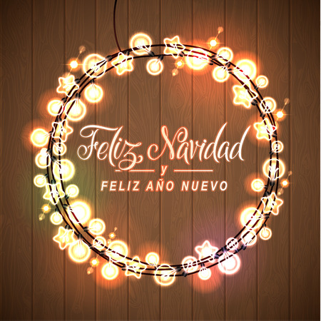 新年あけましておめでとうございますスペイン語のポスター 輝くクリスマス ライト リース クリスマスの休日のグリーティング カードのデザイン 木製手描き背景 のイラスト素材 ベクタ Image