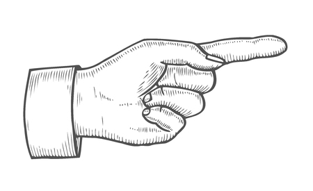 Hand gesture. pointing right finger. retro vintage sketch vector illustration. engraving style. black isolated on white background. Banco de Imagens