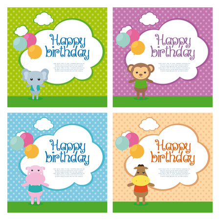 織り目加工の背景に風船でかわいい動物達の設定します のイラスト素材 ベクタ Image