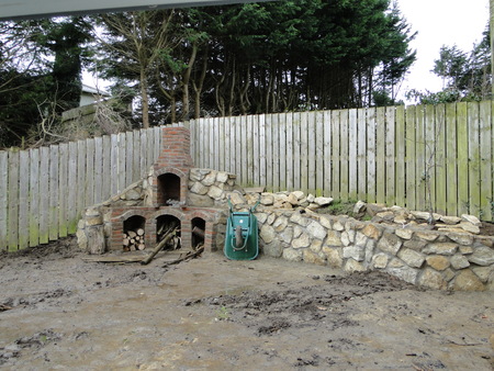Work In Progress Of Backyard Patio With Big Brick Fireplace Stock Stock Photo - Work in progress of backyard Patio with Big Brick Fireplace - Work In Progress Of Backyard Patio With Big Brick Fireplace Stock
