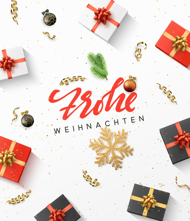 독일어 텍스트 Frohe Weihnachten. 크리스마스 조성, 선물, 색종이, 황금 눈송이 및 공, 크리스마스 트리 분기.