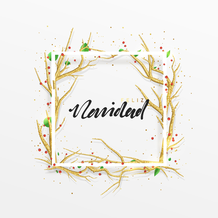 스페인어 텍스트 Feliz Navidad. 메리 크리스마스 인사말 카드입니다. 장식 요소와 크리스마스 배경 나무에서 황금 분기합니다. 우아한 휴일 프레임입니다. 스톡 콘텐츠