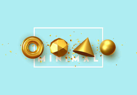 추상적인 기하학적 배경입니다. 3d 모양, 황금색 구체, 원환체, 원뿔. 아트 트렌디한 미니멀한 디자인 스톡 콘텐츠
