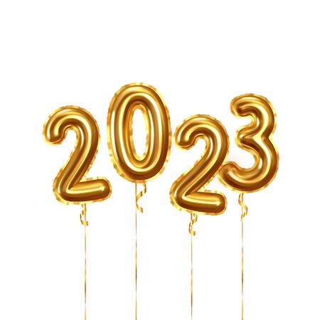 2023년 새해 복 많이 받으세요. 배경 현실적인 황금 풍선입니다. 장식적인 디자인 요소입니다. 개체 렌더링 리본으로 3d ballon입니다. 파티 포스터, 배너, 인사말 카드를 축 하 합니다. 축제 벡터 일러스트 레이 션. 스톡 콘텐츠