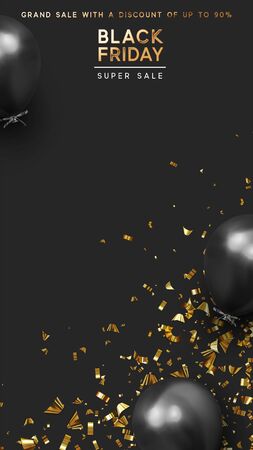 블랙프라이데이 세일. 현실적인 풍선과 함께 축제 배경입니다. 검정색의 그룹 풍선. 할인 슈퍼 세일 오프. 배너, 포스터 또는 전단지 디자인, 소셜 네트워크, 소셜 미디어, 스토리 템플릿