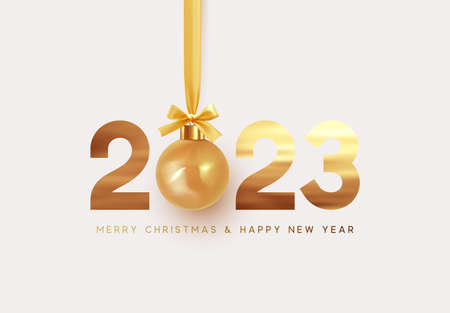2023년 새해 복 많이 받으세요. 활이 달린 금색 리본에 현실적인 값싼 공을 걸고 있습니다. 황금 숫자 2023입니다. 휴일 선물 카드입니다. 크리스마스 값싼 물건 매달려. 새 해 인사 배경입니다. 벡터 일러스트 레이 션 스톡 콘텐츠