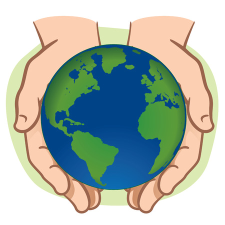 Character pair of hands holding the planet earth. ideal for informational and institutional.