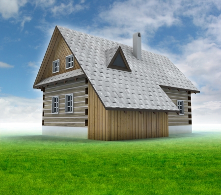 緑の草とポンドの図と古い山小屋 の写真素材 画像素材 Image