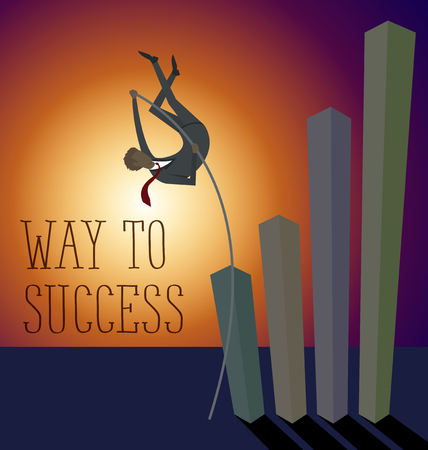 Vector flat business concept way to success. business man jump pole vault