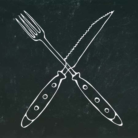 ステーキ ナイフ フォークを渡った 食品アイコン リアルな落書き漫画スタイル手描きスケッチ ベクトル イラスト 黒い黒板背景上に分離 のイラスト素材 ベクタ Image 80763336