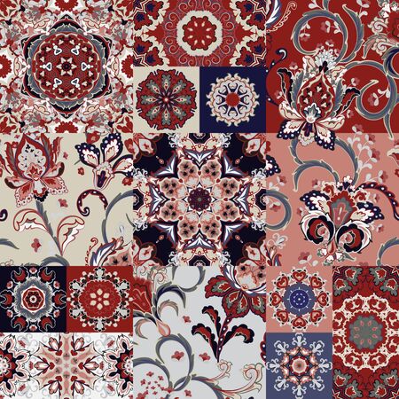 Tuile de patchwork vectorielle continue avec fantaisie main dessiner des fleurs et des mandalas. arrière-plan serti d'ornement gris bleu rouge dans un style arabe. Banque d'images