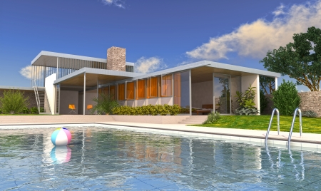 Casa moderna con piscina in pieno giorno, con cielo azzurro e ... Architetture moderne sfondo