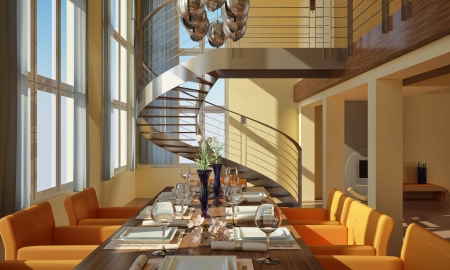 Modern dining-room with wide windows, table set, spiral staircase and fireplace - 19893934