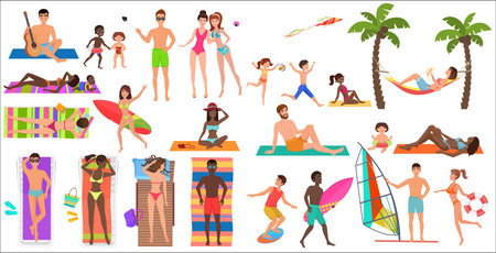 Summer beach cartoon relaxing people activities set vector illustration