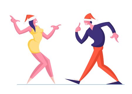 Man and Woman Couple in Santa Hats Dance Isolated on White Background. Happy People Dancing on Corporate or Home Party New Year Holidays or Christmas Celebration Event Cartoon Flat Vector Illustration