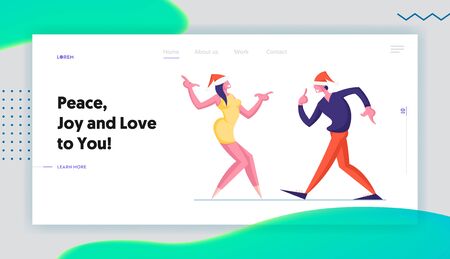 Happy People Dancing on Corporate or Home Party Website Landing Page. Man and Woman in Santa Hats Dance New Year Holidays or Christmas Celebration Web Page Banner. Cartoon Flat Vector Illustration