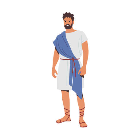 Roman man in historical costume, male character wear traditional clothes, ancient rome citizen in blue or white tunic Stock Photo
