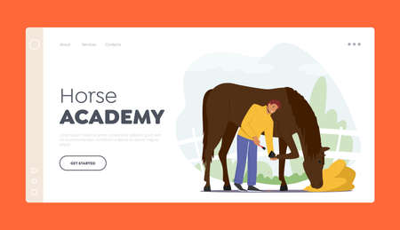 Horse academy landing page template. stableman male characters care of purebred horse cleaning hooves