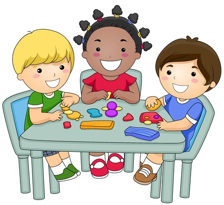 A small group of kids creating different figures from clay