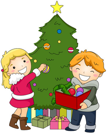 Illustration of Kids Decorating a Christmas Tree