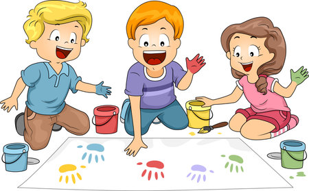 Illustration of kids leaving hand prints on a board Stock Photo