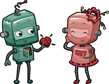 女性ロボットに花を渡す男性ロボットのイラスト の写真素材 画像素材 Image
