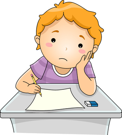 Illustration featuring a boy looking at his test paper with a sad face
