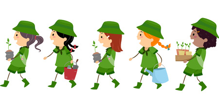 Illustration of Girl Scouts Carrying Materials Used or Planting Trees