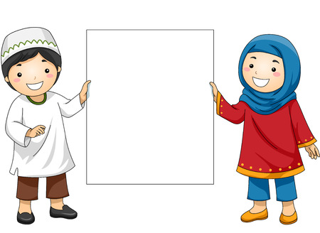 Illustration Of Muslim Kids In Traditional Clothing Holding A Blank Board Illustration Of Muslim Kids In Traditional Clothing Holding A Blank Board