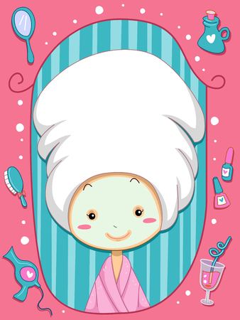 Frame Illustration Of A Little Girl Wearing Bathrobe And Towel Over Her Head Frame Illustration Of A Little Girl Wearing Bathrobe And Towel Over Her Head