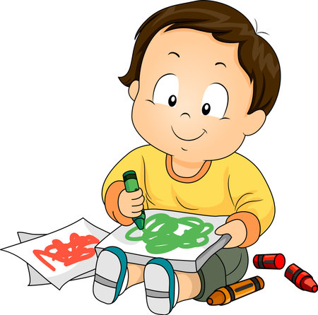 Illustration of a baby boy drawing doodles with crayons Stock Photo