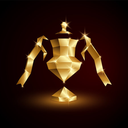 Golden low poly soccer cup. abstract polygonal 3d soccer league trophy on black background.