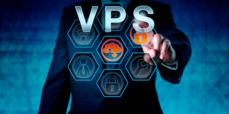 企業のサービス プロバイダーは 仮想対話型のタッチ画面のインターフェイスに Vps を押しています ビジネスの比喩 Web ホスティングとコンピューター ネットワーク セキュリティ概念サーバー仮想化 の写真素材 画像素材 Image