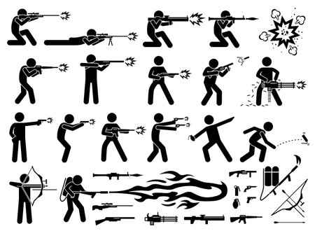 男は スナイパーライフル Rpg バズーカ M16 マシンガン 散弾銃 擲弾発射機 チェーン機関銃 ピストル 手榴弾 閃光爆弾 矢弓と火炎放射器を含む様々 な武器で攻撃します のイラスト素材 ベクタ Image 69365142