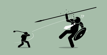 David versus Goliath. Vector artwork depicts underdog wins. Иллюстрация