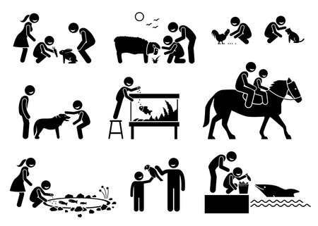 People feeding and interacting with domestic animals. stick figure illustrations depict children feeding rabbit, sheep, chicken, fish, and dolphin. the boy also playing with cat, dog, horse, and bird.