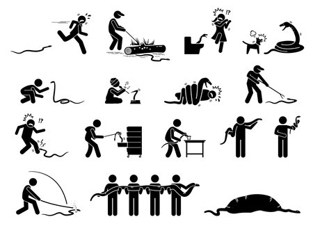 Human and snake pictograms icons. illustrations depict people scared, running away, catch, capture, bitten, swallowed, and killing snake. Stock Photo