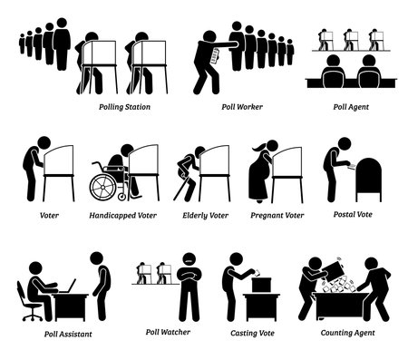 Voters voting at polling station place during presidential election signs and symbols. vector illustration of people casting their votes and workers working at federal election day.